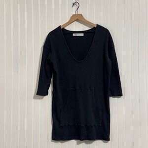 Free People Beach Black Waffle Knit Tunic Dress M Deep V Neck Pocket Thermal